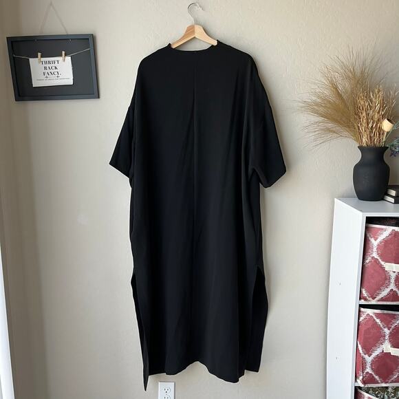 Shaina Mote Dress Black Short Sleeve Split Neck Relaxed Shift Midi Dress OS - Picture 7 of 7